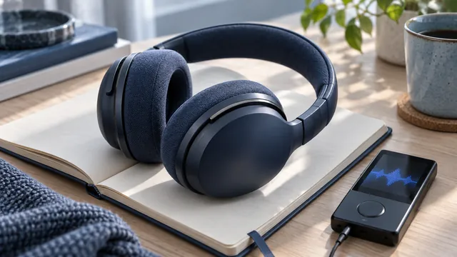 Headphones and an audio player on a notebook
