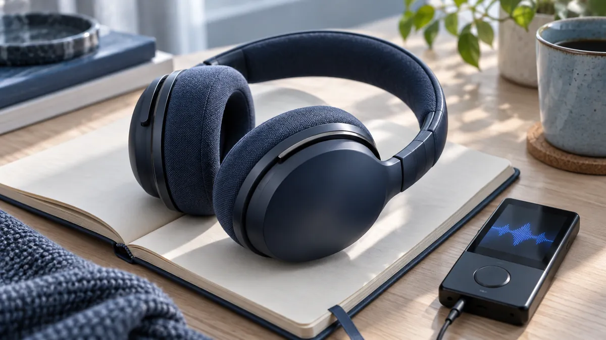 Headphones and an audio player on a notebook