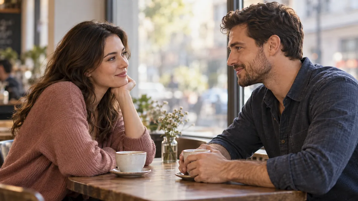 A couple listening to each other over coffee