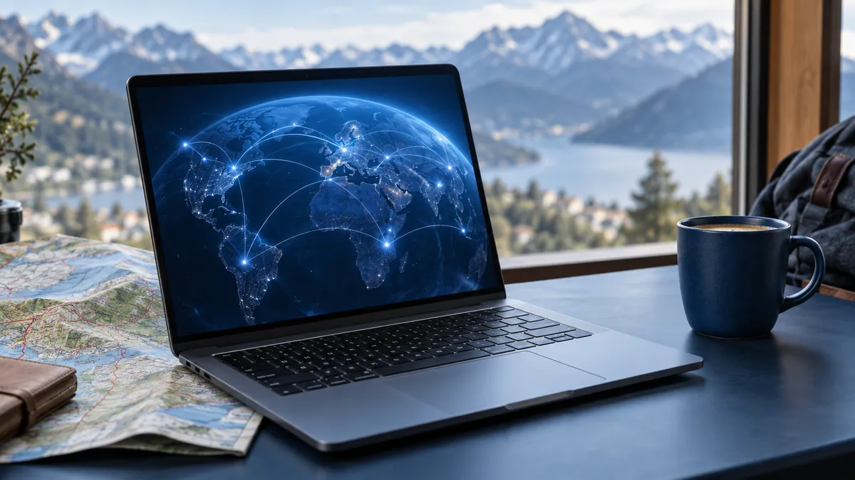 Laptop with a global network illustration beside a mountain view