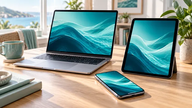 Laptop, tablet and phone on a bright home desk