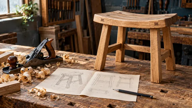 Wooden stool, hand plane and a drawing on a workbench